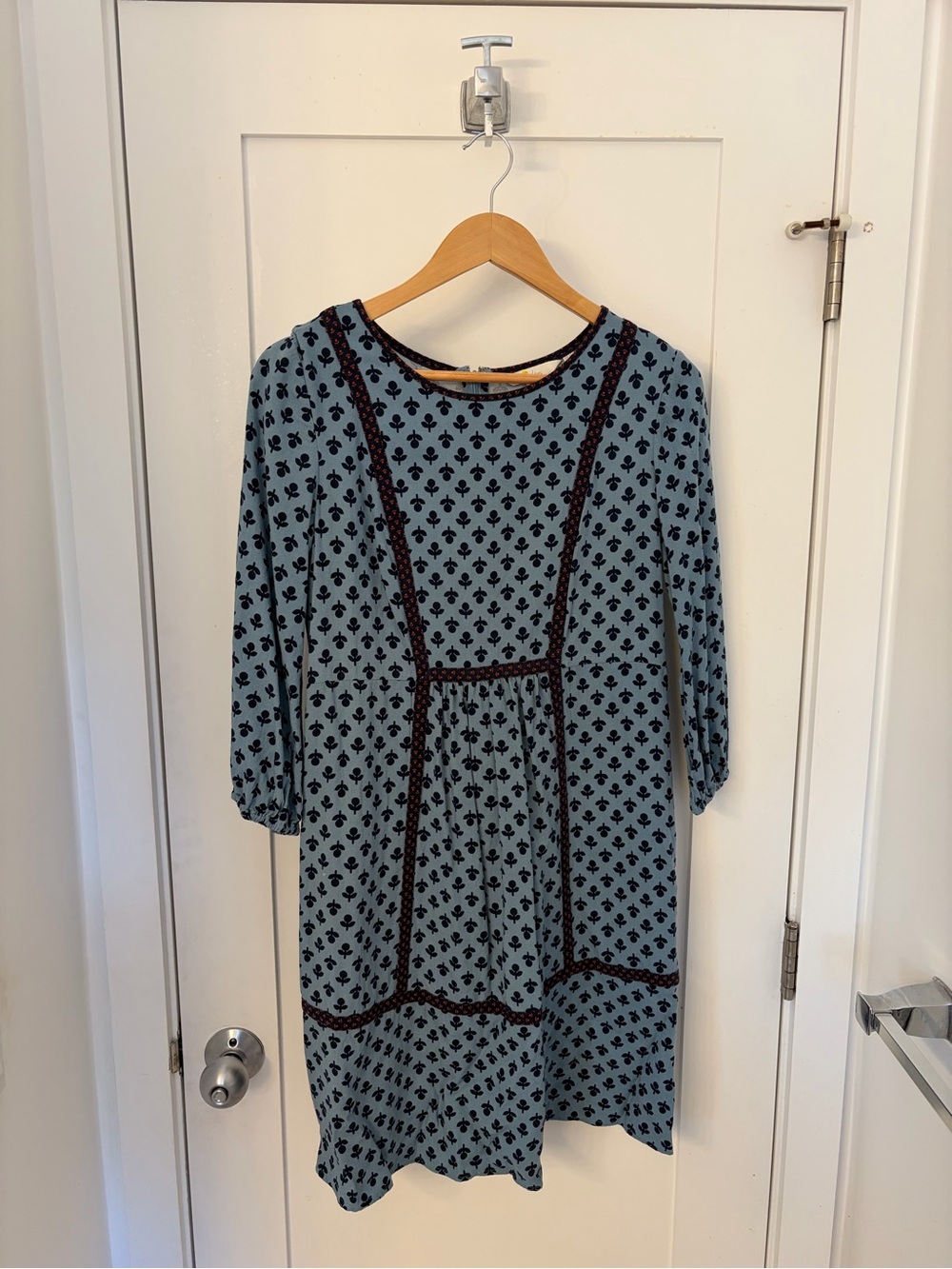 BODEN Luna dress W0224 Blue Floral Red Trim 3/4 Sleeve Size UK 10R / US 6R